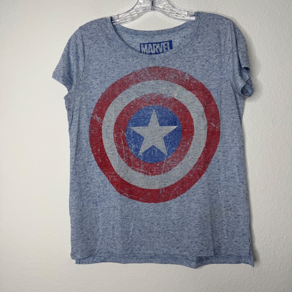Marvel Captain America Shield T-Shirt Blue Heather Linen Blend Womens Size S